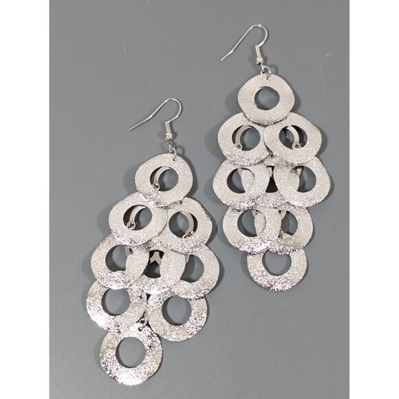Silver Tone Textured Round Disc Chandelier Charm Statement Earrings MOD Long - Picture 3 of 9